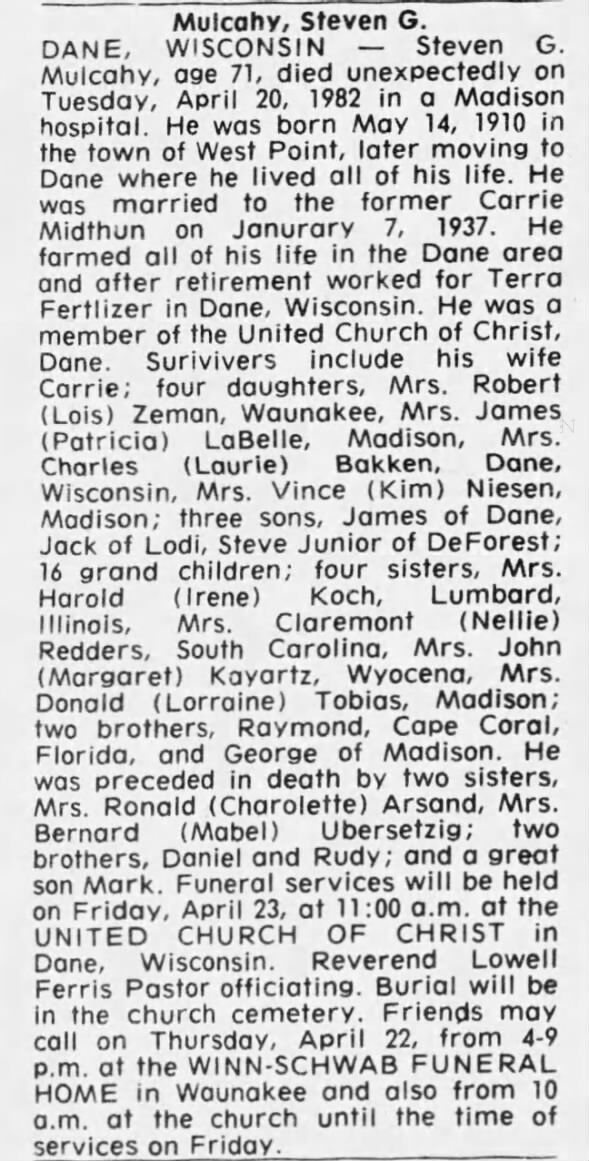 Obituary for Steven G. Mulcahy, 1910-1982 (Aged 71)
